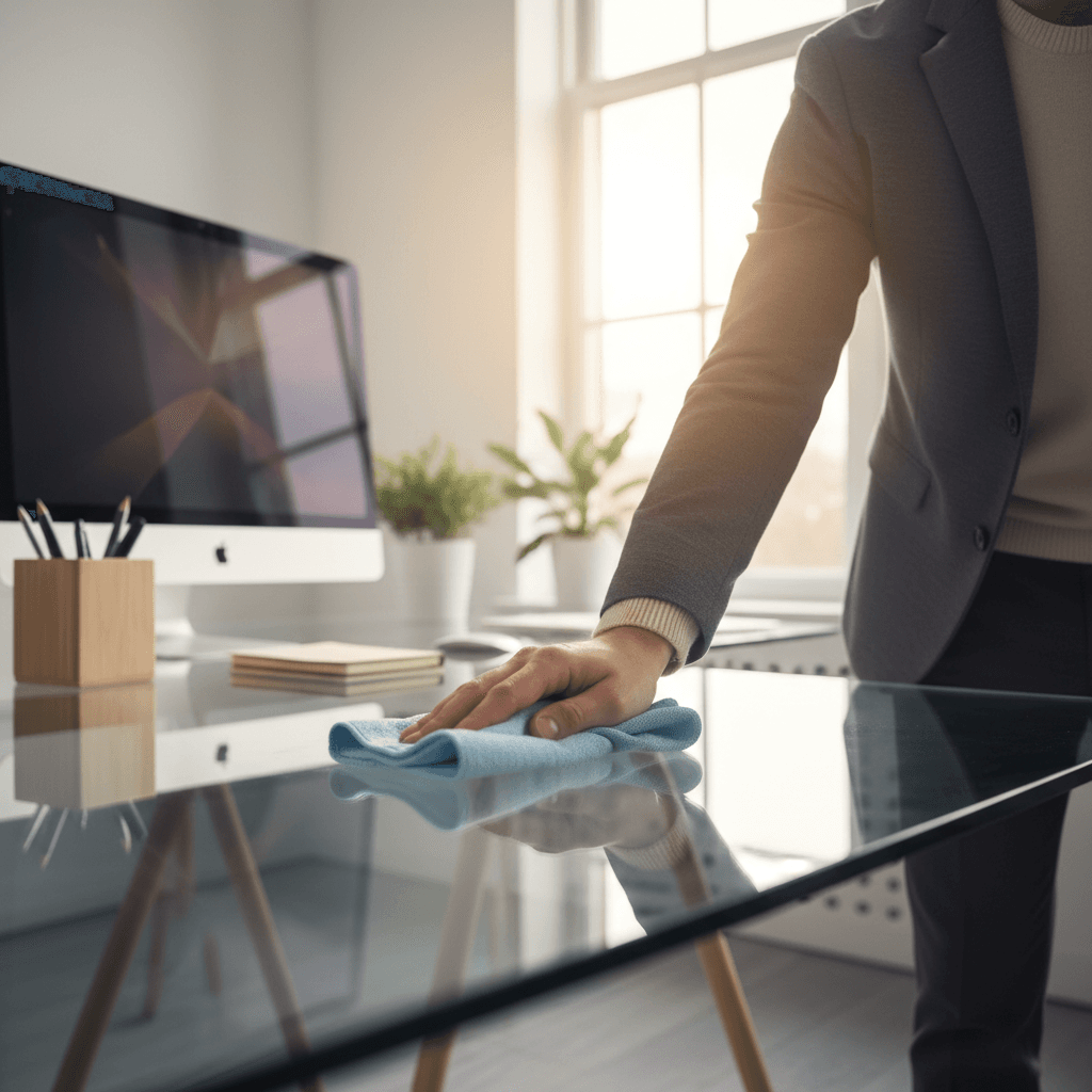 Professional cleaning an office desk with microfiber cloth