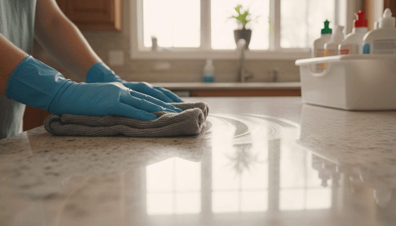 Professional cleaner carefully wiping down a kitchen countertop with attention to detail