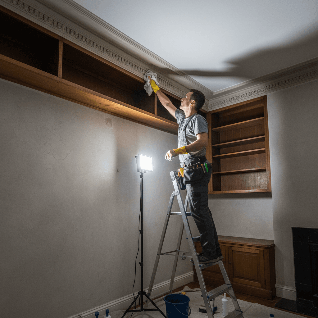 Deep cleaning service reaching high areas and baseboards