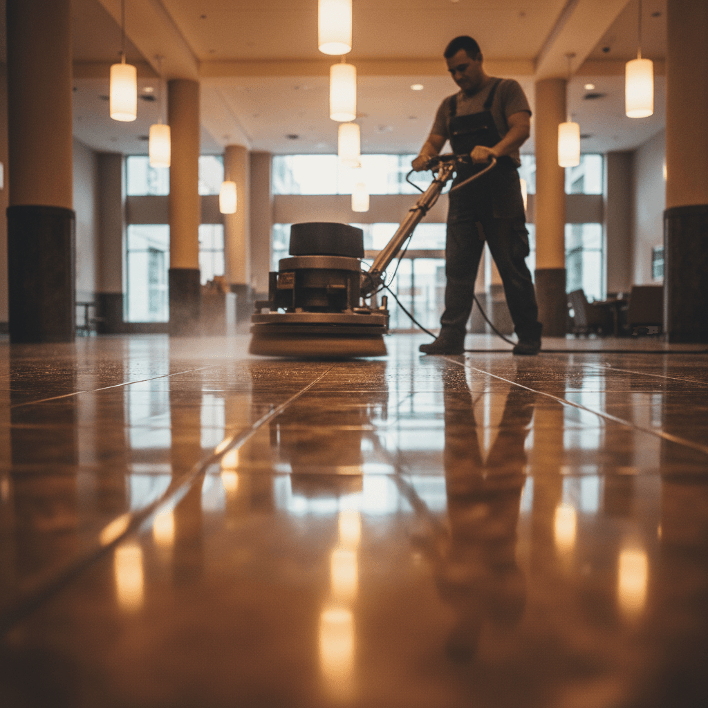 Floor care specialist operating buffing equipment on polished tile