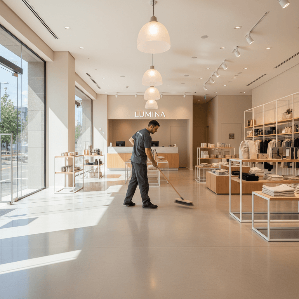 Retail store cleaner sweeping aisle with polished floors