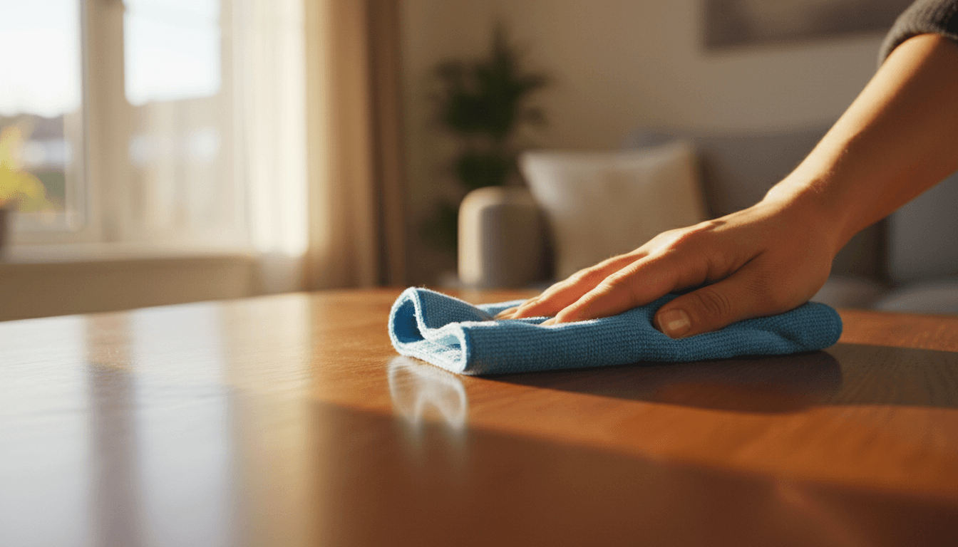 Close-up of hands using microfiber cloth to polish wooden surface with precision and care