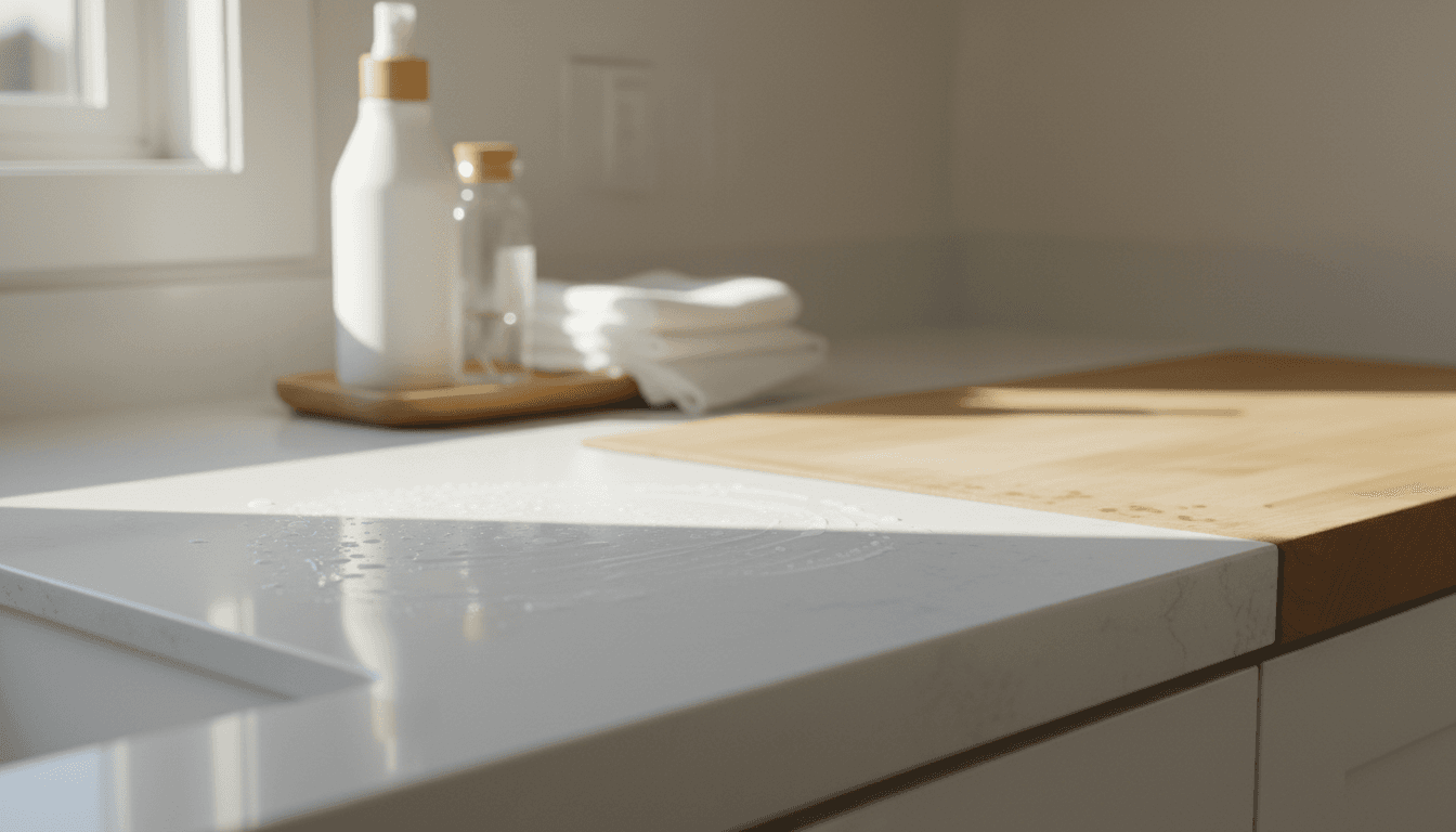 Spotless kitchen countertop with professional cleaning supplies