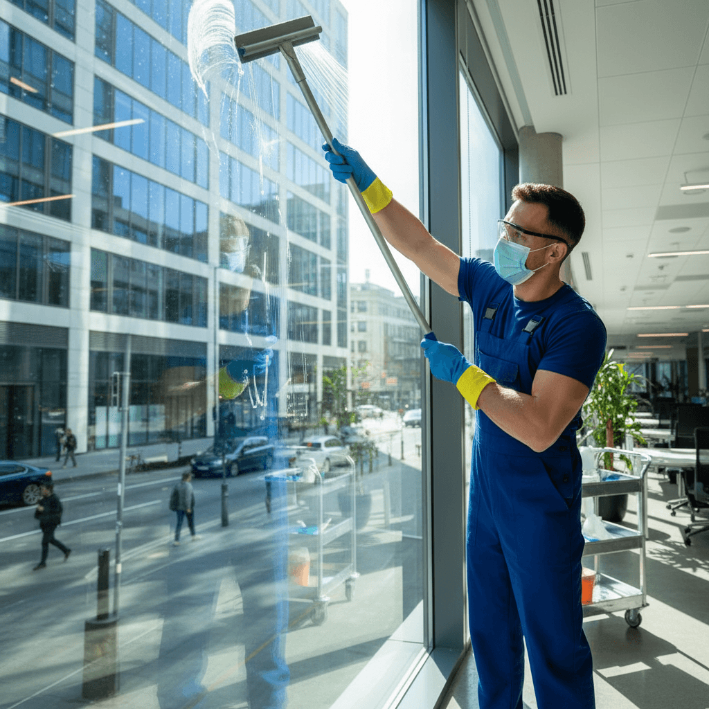 Professional cleaner using squeegee on large commercial window