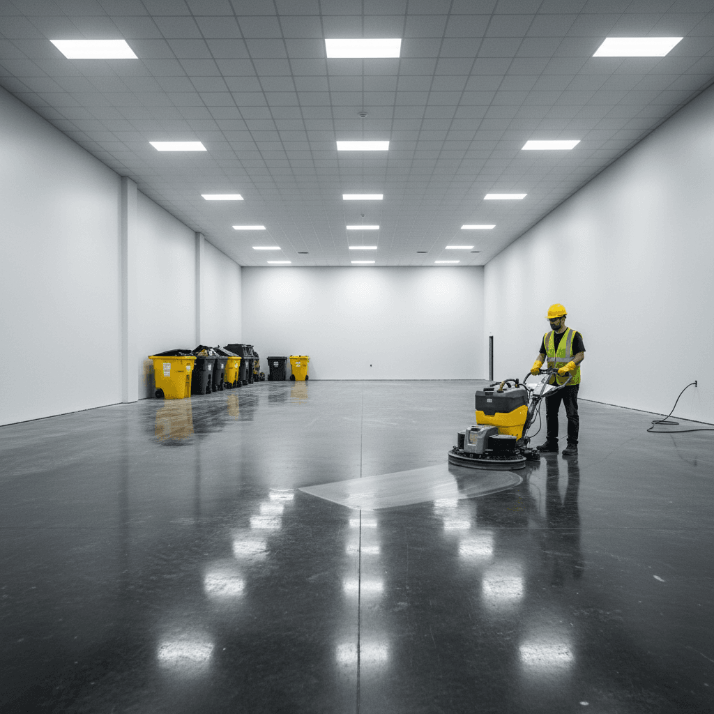 Post-construction space with polished floors and cleared debris